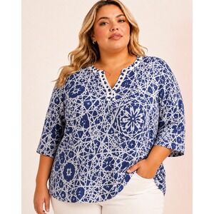 Mandarin Blue‎ Tunic Top Women 3X Blue White Excellent Beaded Cotton Geometric